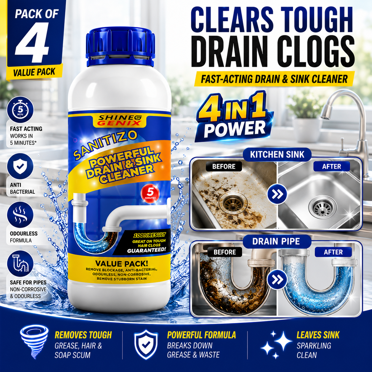 SANITIZO POWERFUL DRAIN & SINK CLEANER POWDER (PACK OF 4)